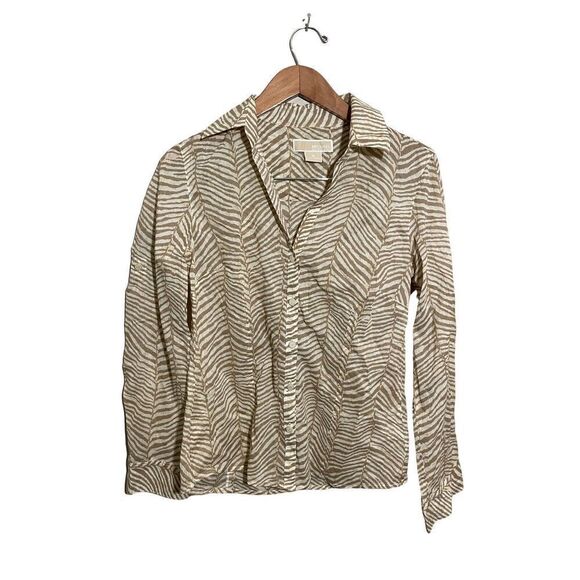 Michael Kors Long Sleeve Top Womens Sz 6 Long Sleeve Buttons‎ Cotton Zebra Tan - Picture 1 of 5